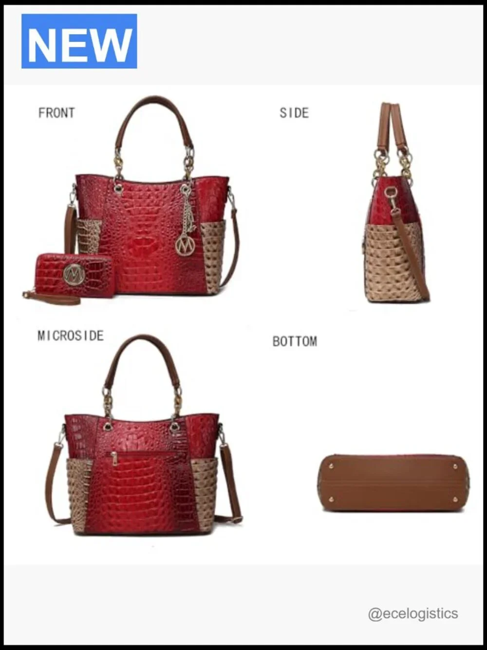 Tote Bag & Wallet Set - Croc Embossed Vegan Leather - Adjustable Strap